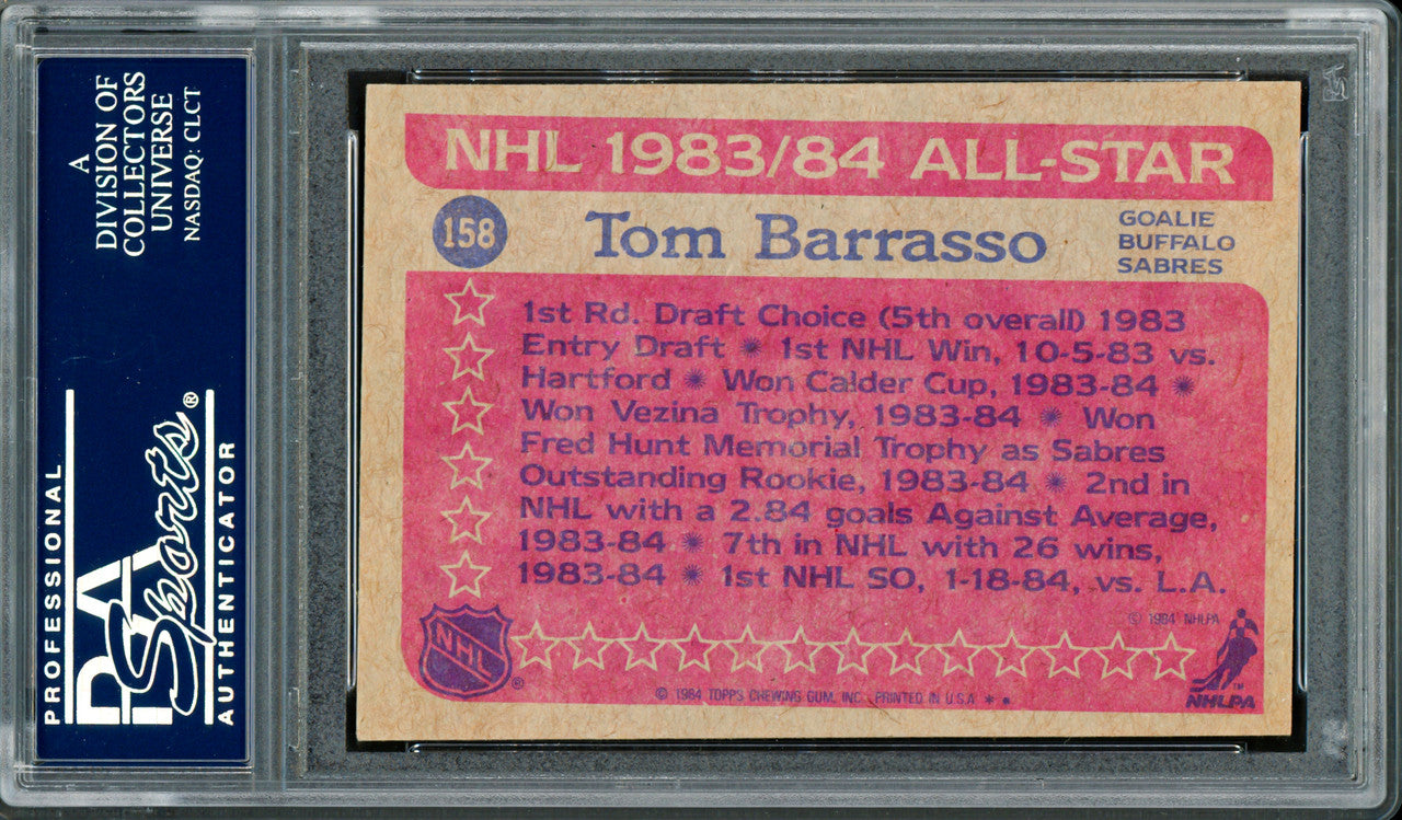 Tom Barrasso Autographed 1984-85 Topps Rookie Card #158 Buffalo Sabres PSA/DNA #83921181