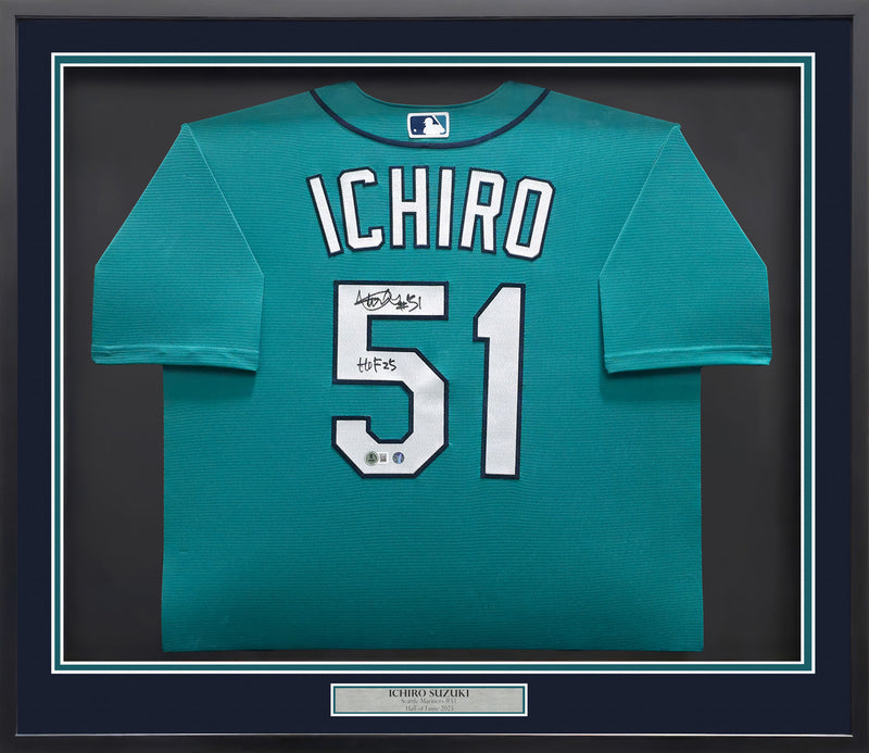 Seattle Mariners Ichiro Suzuki Autographed Framed Teal Nike Jersey IS Holo & "HOF 25" Beckett BAS Witness Stock #249473