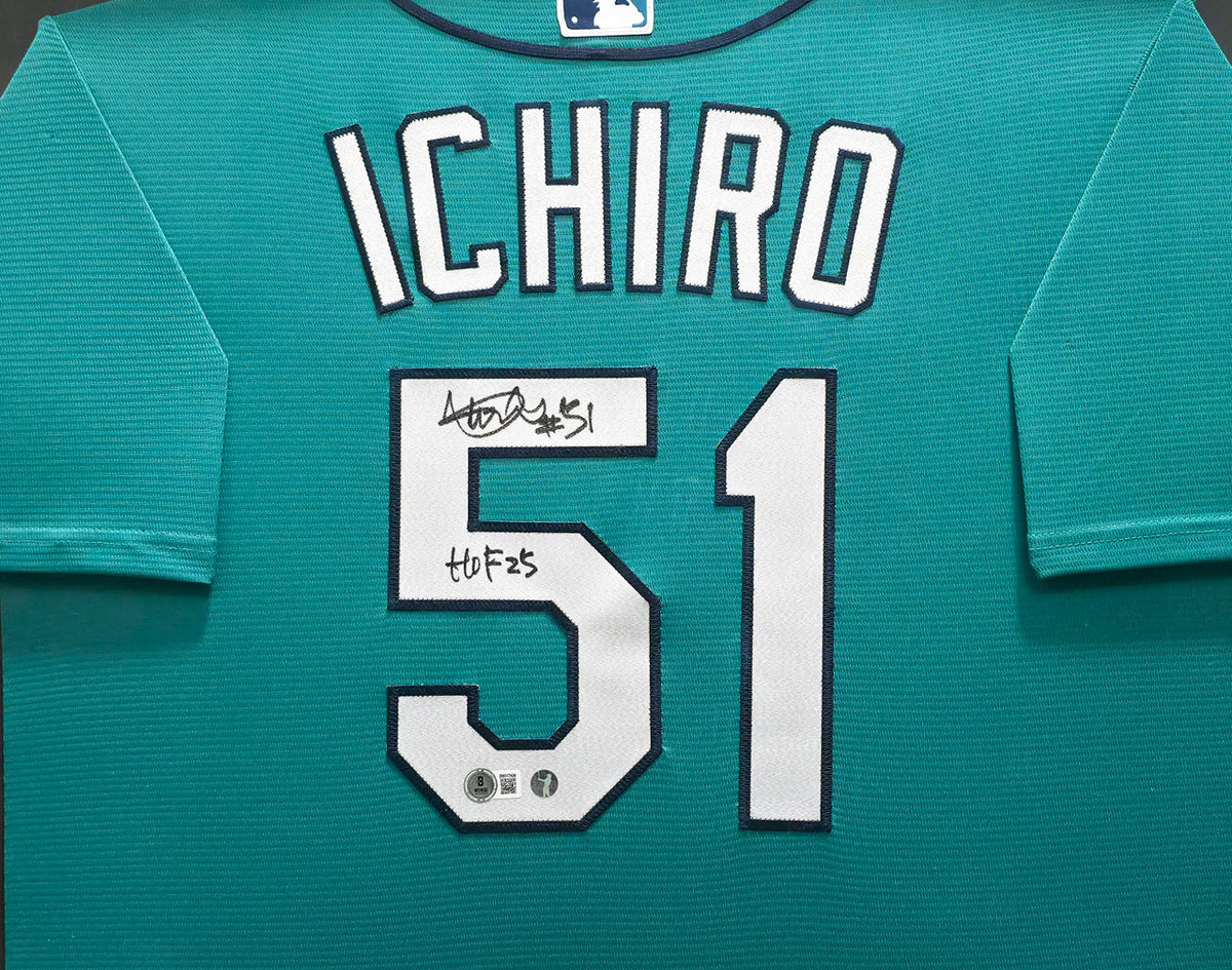 Seattle Mariners Ichiro Suzuki Autographed Framed Teal Nike Jersey IS Holo & "HOF 25" Beckett BAS Witness Stock #249473