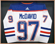 Edmonton Oilers Connor McDavid Autographed Framed White Authentic Adidas Jersey UDA Holo Stock #249481