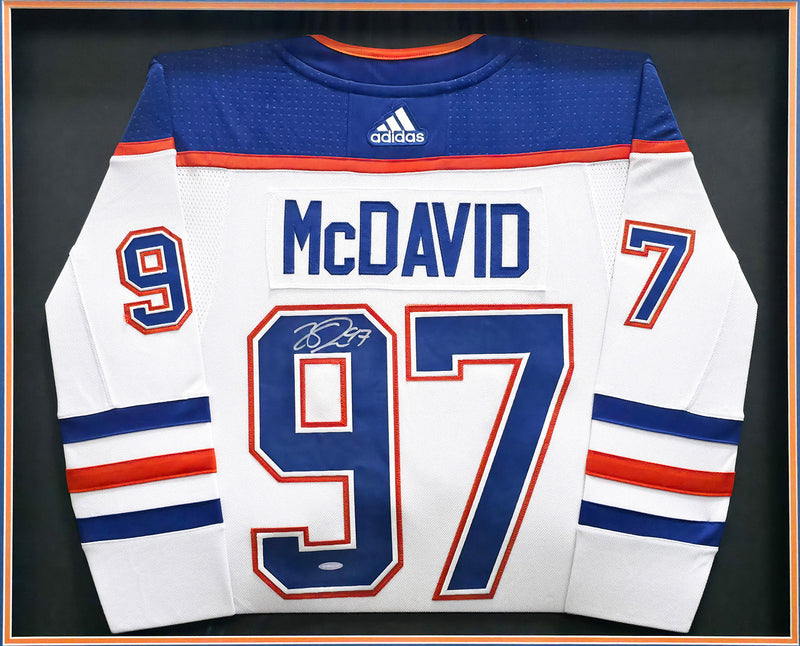 Edmonton Oilers Connor McDavid Autographed Framed White Authentic Adidas Jersey UDA Holo Stock #249481