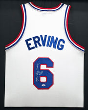 Philadelphia 76ers Julius "Dr. J" Erving Autographed Framed White Jersey PSA/DNA Stock #249480