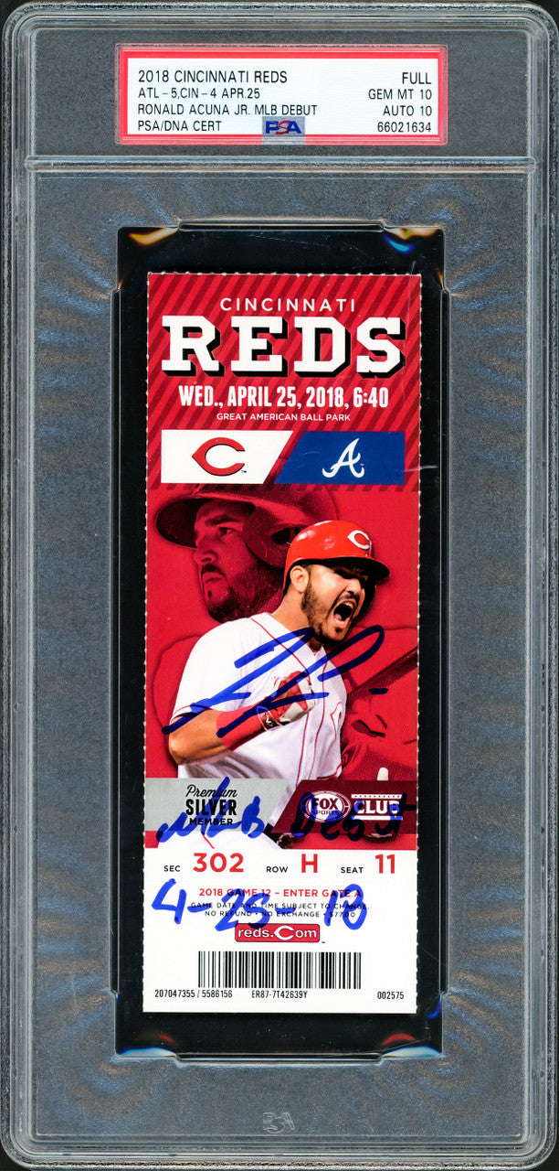 Ronald Acuna Jr. Autographed 2.25x6 April 25th, 2018 MLB Debut Full Ticket Atlanta Braves PSA 10 Auto Grade Gem Mint 10 "MLB Debut 4-25-18" PSA/DNA #66021634