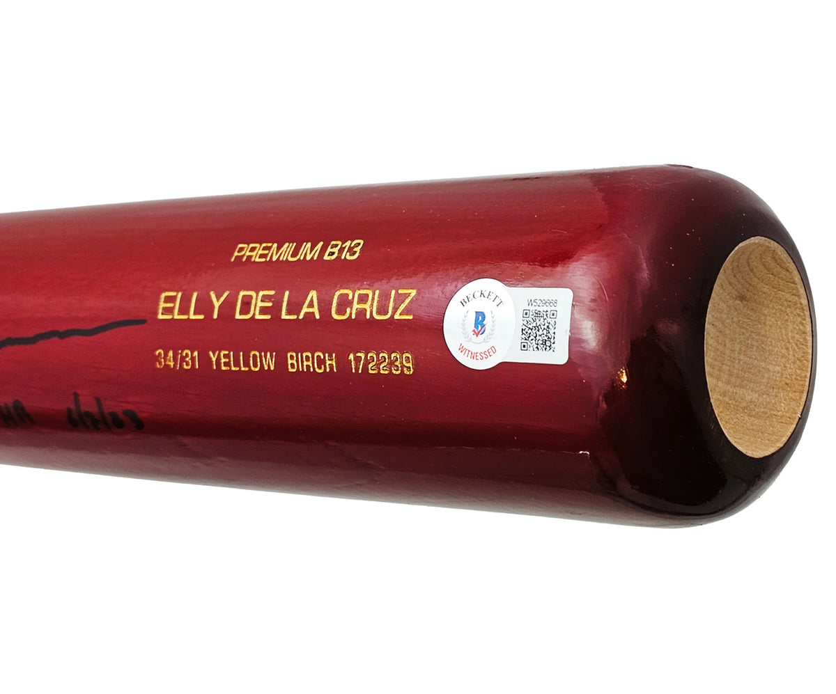 Elly De La Cruz Autographed Red B45 Player Model Bat Cincinnati Reds "1st MLB HR 6/7/23" Beckett BAS Witness Stock #220219