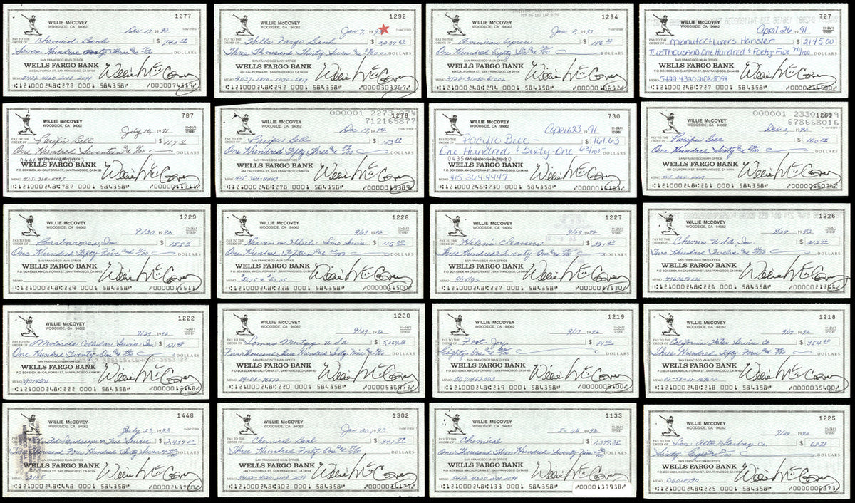 Lot of 20 Willie McCovey Autographed 3x6 Checks San Francisco Giants SKU #219425