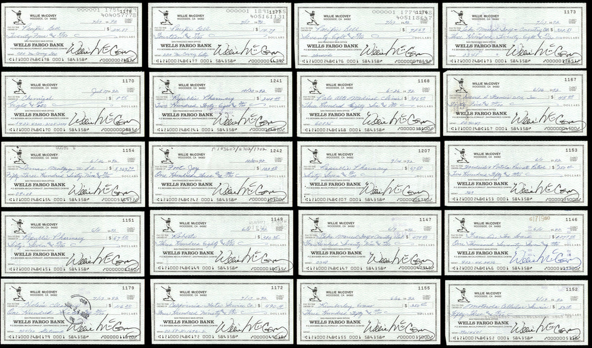 Lot of 20 Willie McCovey Autographed 3x6 Checks San Francisco Giants SKU #219426