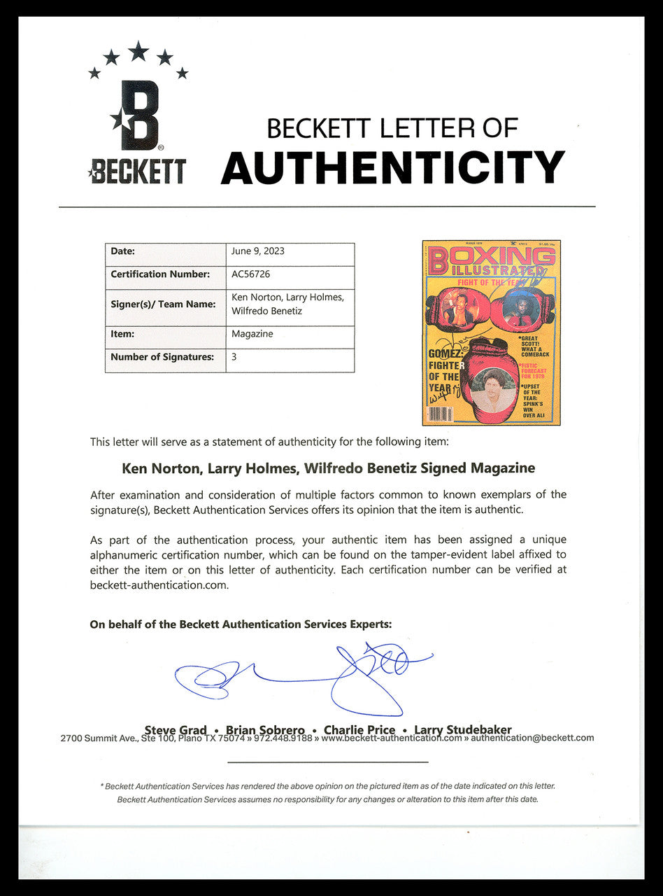 Wilfredo Gomez, Ken Norton & Larry Holmes Autographed Boxing Illustrated Magazine Beckett BAS #AC56726