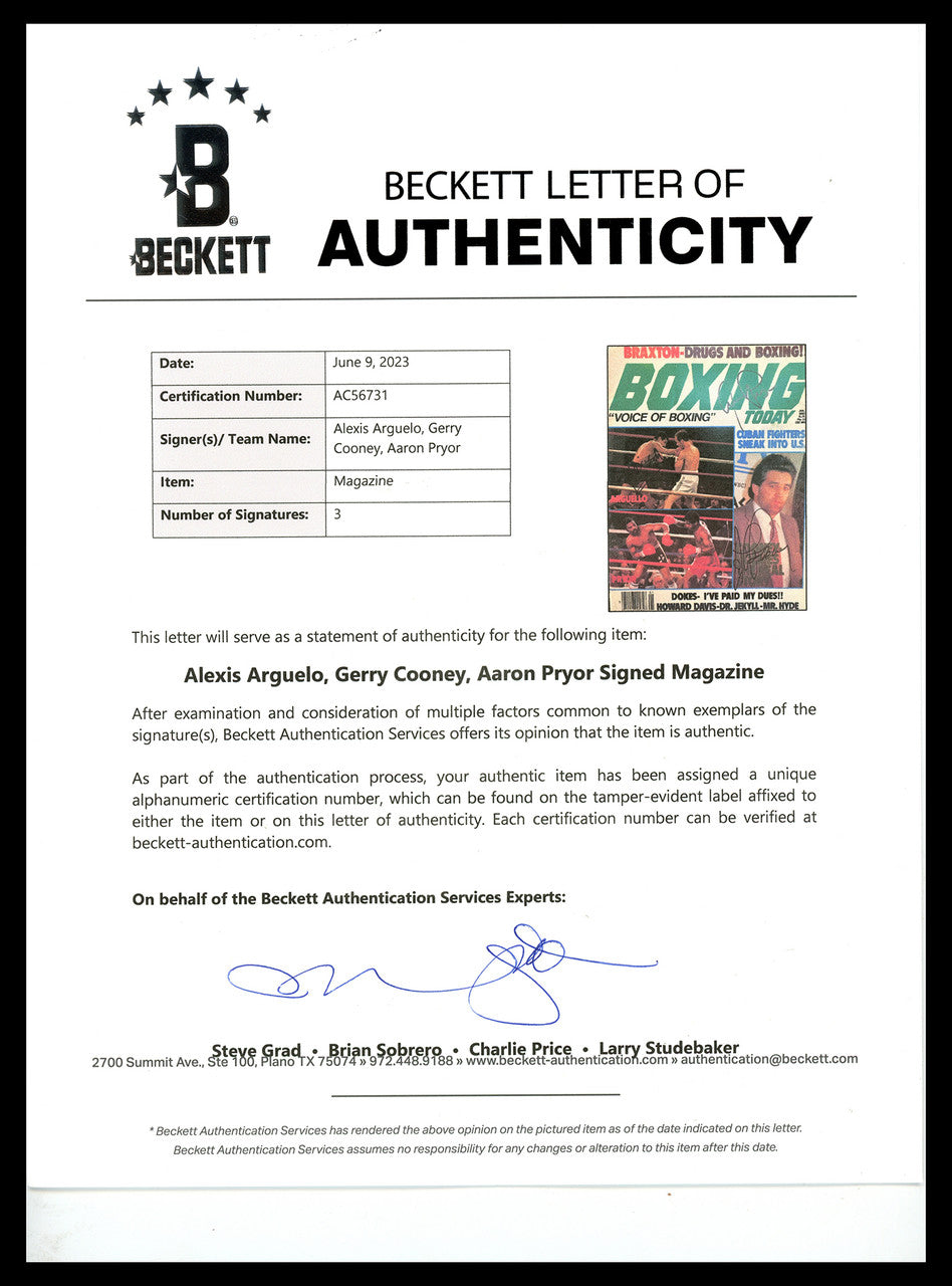 Alexis Arguello, Aaron Pryor & Gerry Cooney Autographed Boxing Today Magazine Beckett BAS #AC56731