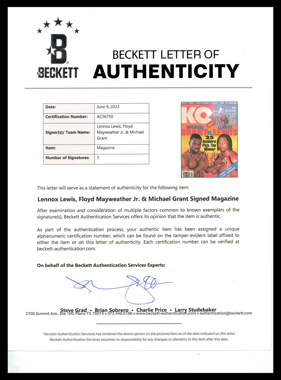 Floyd Mayweather Jr., Lennox Lewis & Michael Grant Autographed KO Magazine (Smudged) Beckett BAS #AC56750