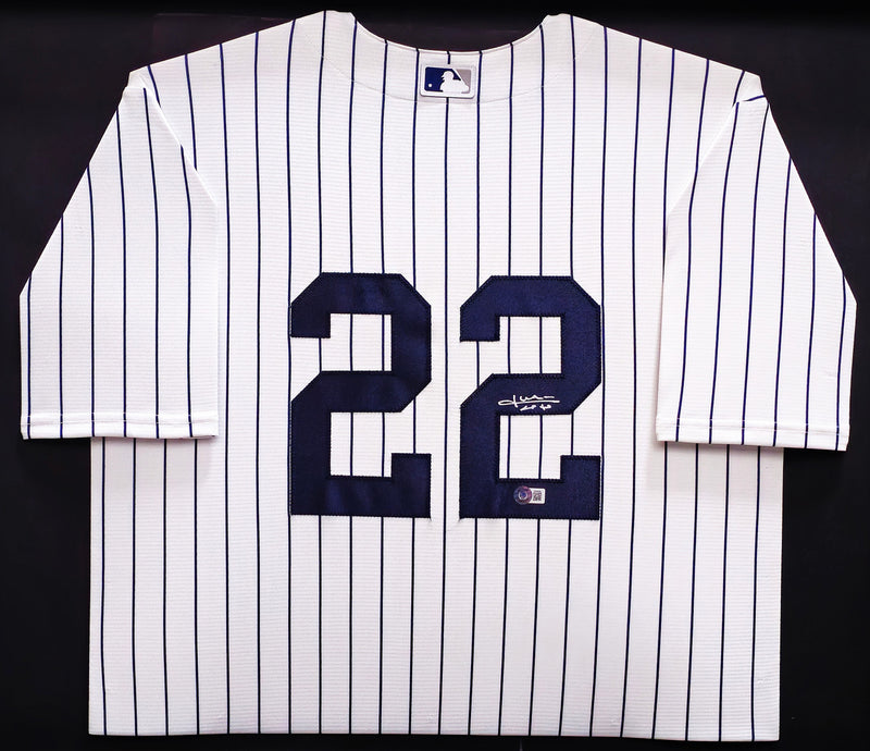 New York Yankees Juan Soto Autographed Framed White Pinstripes Nike Jersey Beckett BAS QR Stock #230201