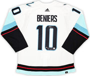 Seattle Kraken Matty Beniers Autographed White Adidas PrimeGreen Jersey Size 54 "2023 Calder 24G-33A-57PTS" #/50 Fanatics Holo Stock #220432