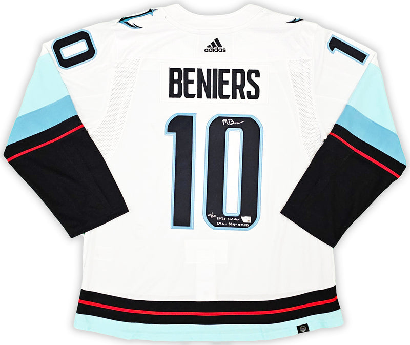 Seattle Kraken Matty Beniers Autographed White Adidas PrimeGreen Jersey Size 54 "2023 Calder 24G-33A-57PTS" #/50 Fanatics Holo Stock #220432