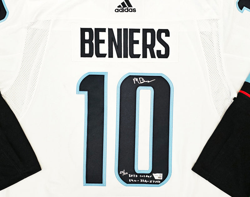 Seattle Kraken Matty Beniers Autographed White Adidas PrimeGreen Jersey Size 54 "2023 Calder 24G-33A-57PTS" #/50 Fanatics Holo Stock #220432