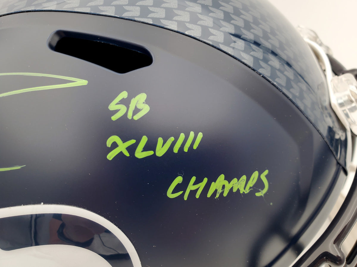 Russell Wilson Autographed Seattle Seahawks Full Size Replica Speed Helmet "SB XLVIII Champs" In Green RW Holo Stock #94267