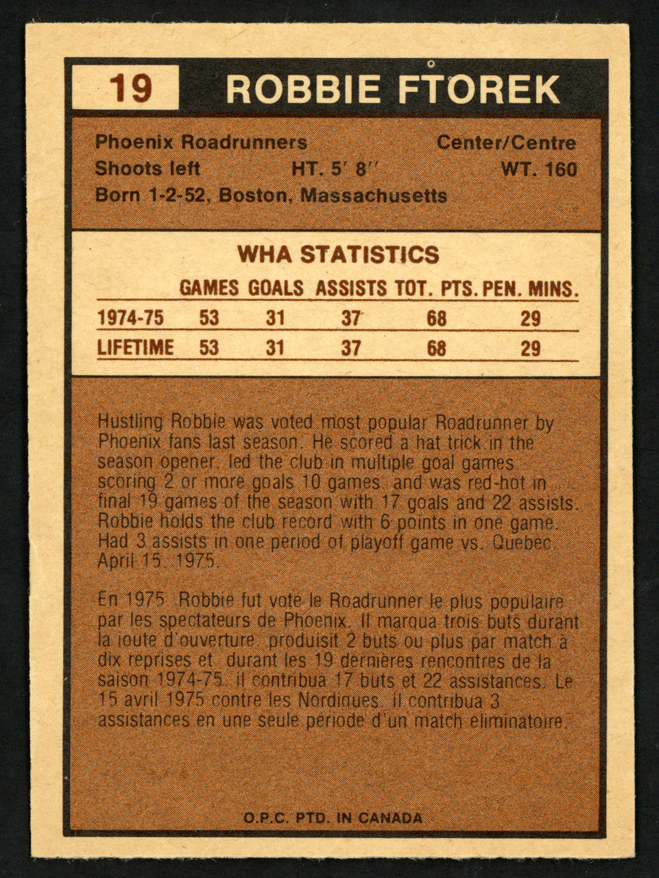Robbie Ftorek Autographed 1975-76 WHA O-Pee-Chee Rookie Card #19 Phoenix Roadrunners SKU #151398