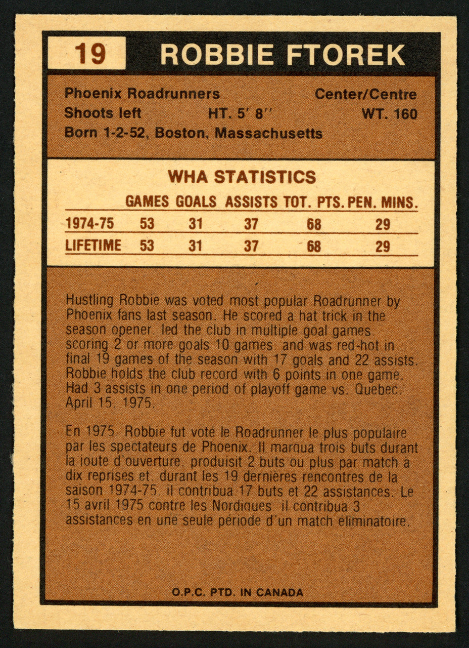 Robbie Ftorek Autographed 1975-76 WHA O-Pee-Chee Rookie Card #19 Phoenix Roadrunners SKU #151397