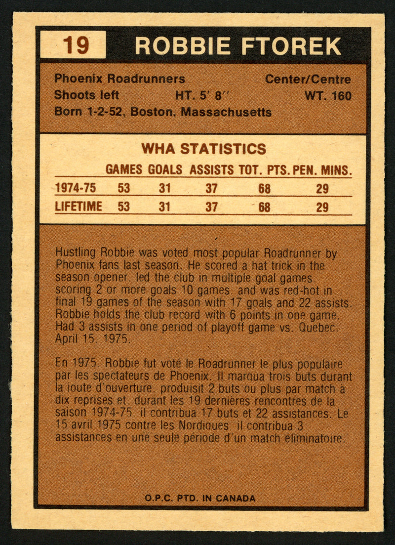Robbie Ftorek Autographed 1975-76 WHA O-Pee-Chee Rookie Card #19 Phoenix Roadrunners SKU #151397