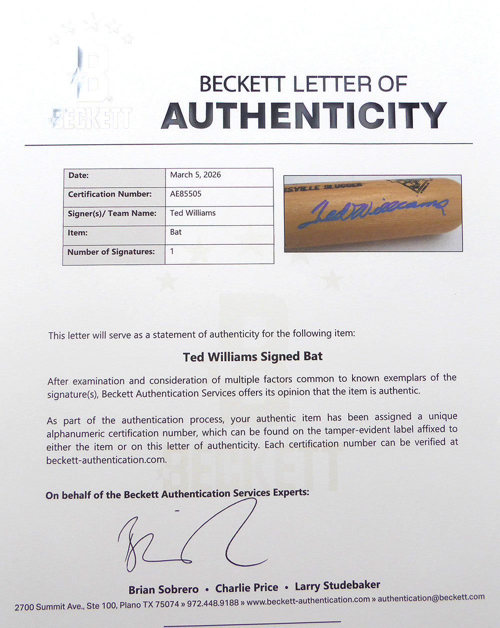 Ted Williams Autographed Louisville Slugger Game Model Bat Boston Red Sox #/521 Beckett BAS QR #AE85505