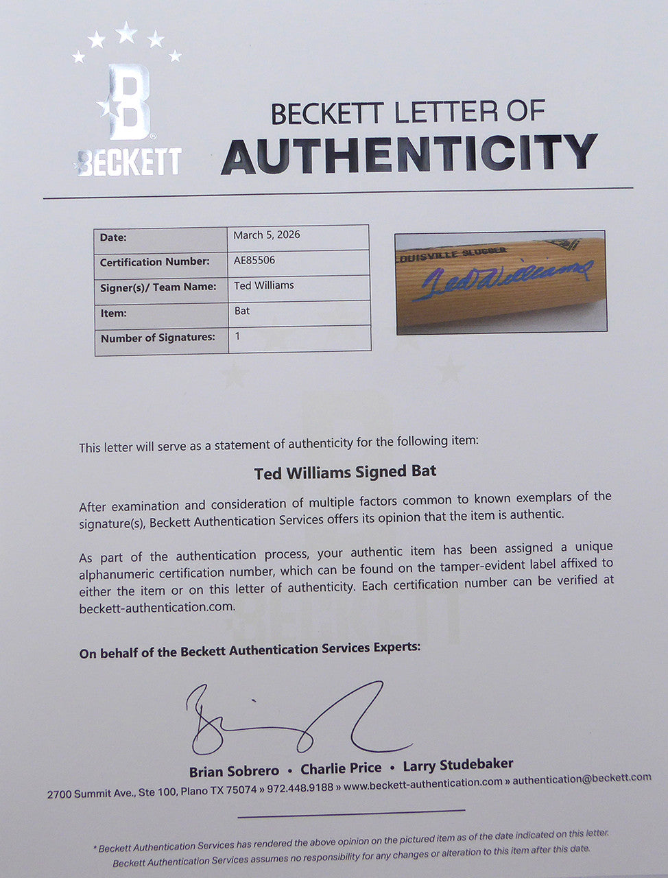 Ted Williams Autographed Louisville Slugger Game Model Bat Boston Red Sox #/521 Beckett BAS QR #AE85506
