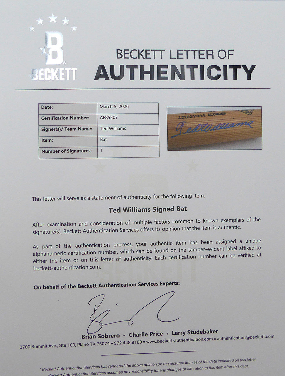 Ted Williams Autographed Louisville Slugger Game Model Bat Boston Red Sox #/521 Beckett BAS QR #AE85507