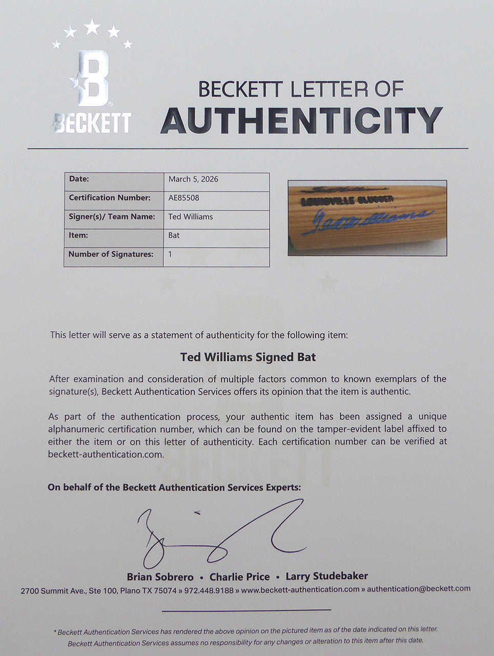 Ted Williams Autographed Louisville Slugger Game Model Bat Boston Red Sox Beckett BAS QR #AE85508