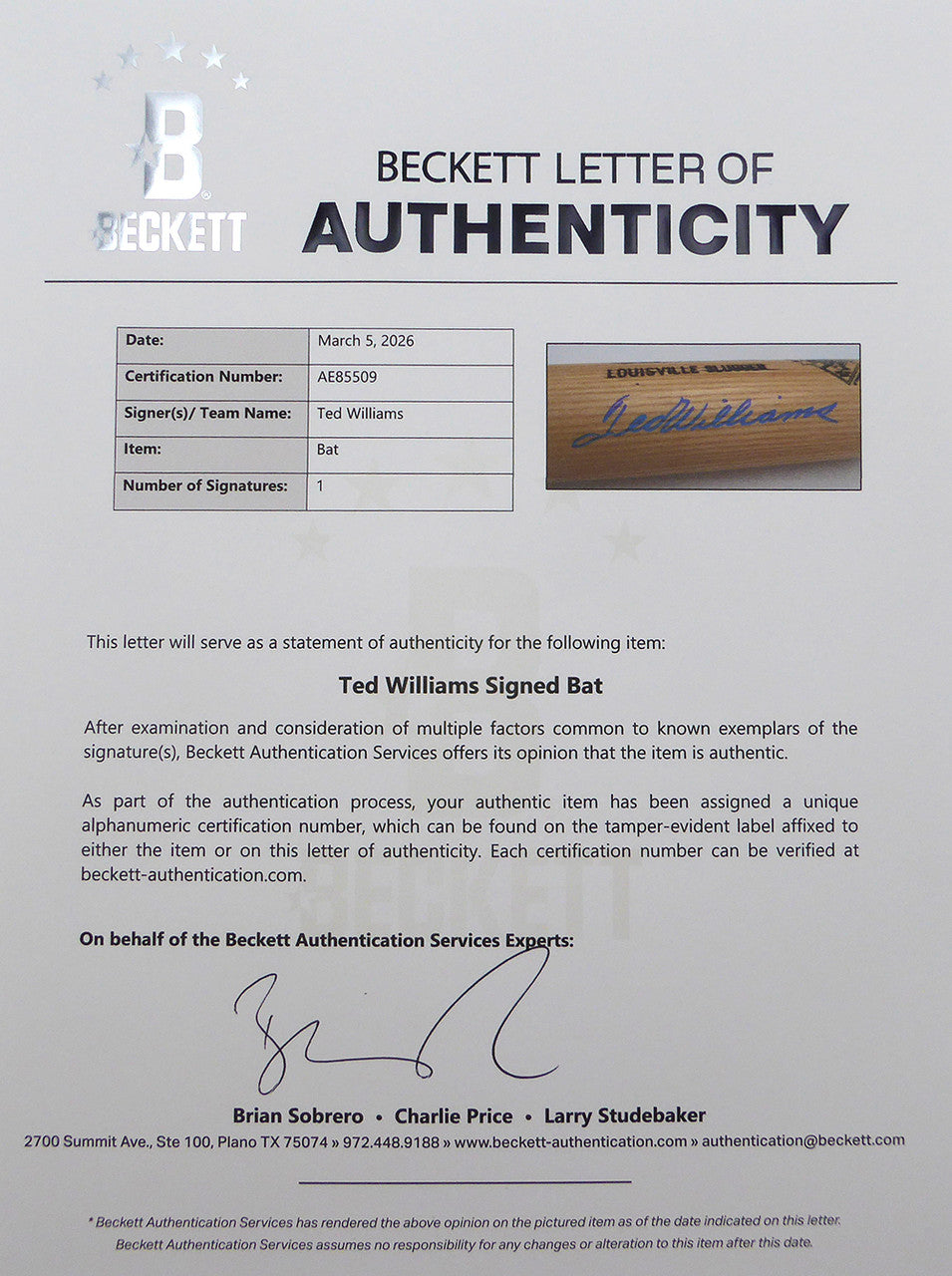Ted Williams Autographed Louisville Slugger Game Model Bat Boston Red Sox #/521 Beckett BAS QR #AE85509