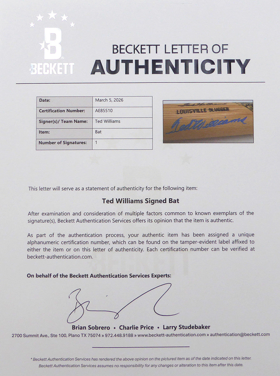 Ted Williams Autographed Louisville Slugger Game Model Bat Boston Red Sox #/521 Beckett BAS QR #AE85510