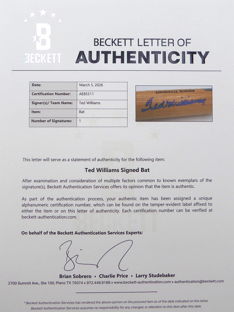 Ted Williams Autographed Louisville Slugger Game Model Bat Boston Red Sox Beckett BAS QR #AE85511