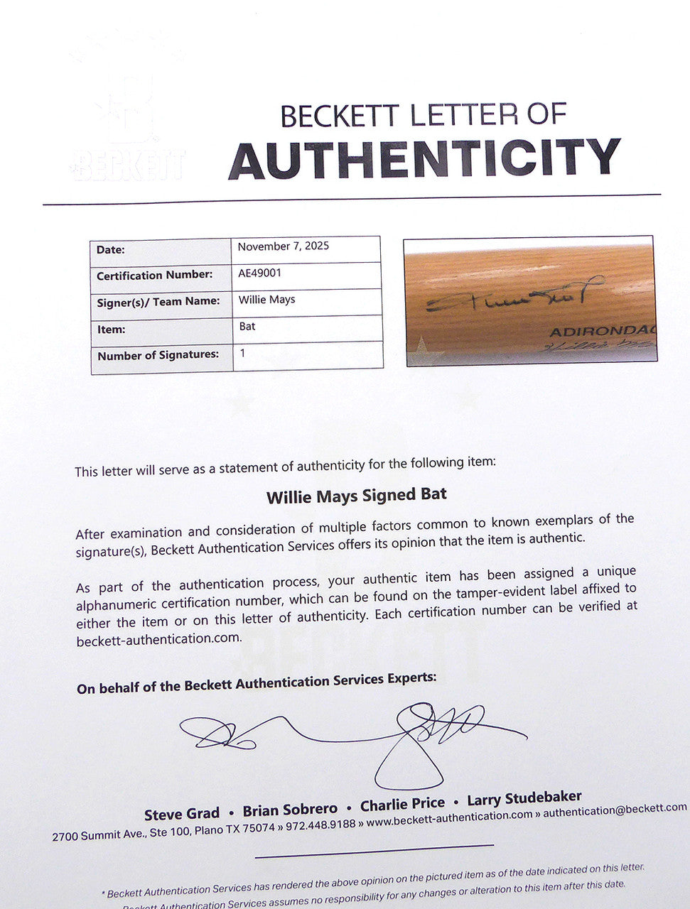 Willie Mays Autographed Adirondack Bat San Francisco Giants Beckett BAS QR #AE49001