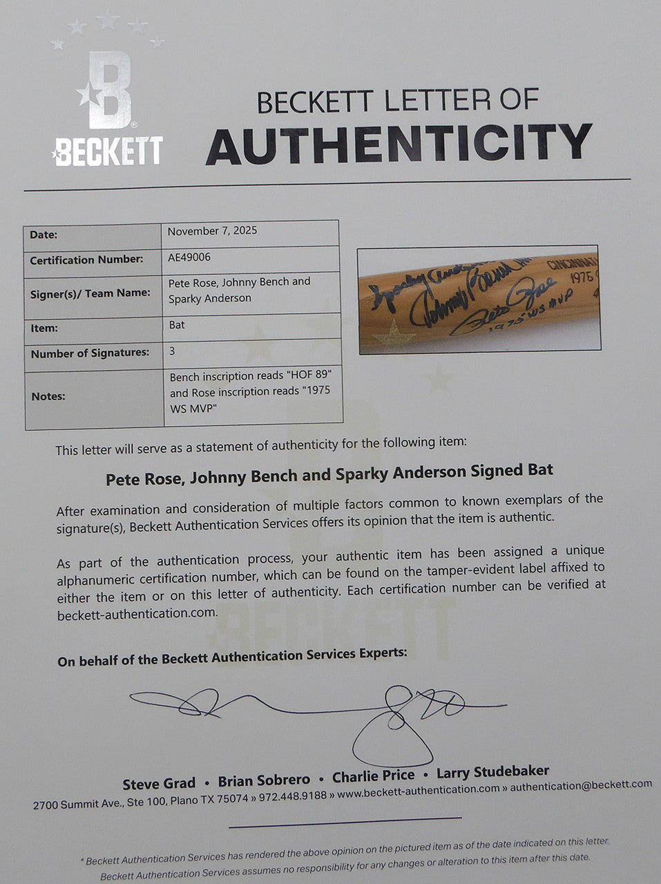 Johnny Bench "HOF 89", Pete Rose "1975 WS MVP" & Sparky Anderson Autographed Louisville Slugger Bat Cincinnati Reds Beckett BAS QR #AE49006
