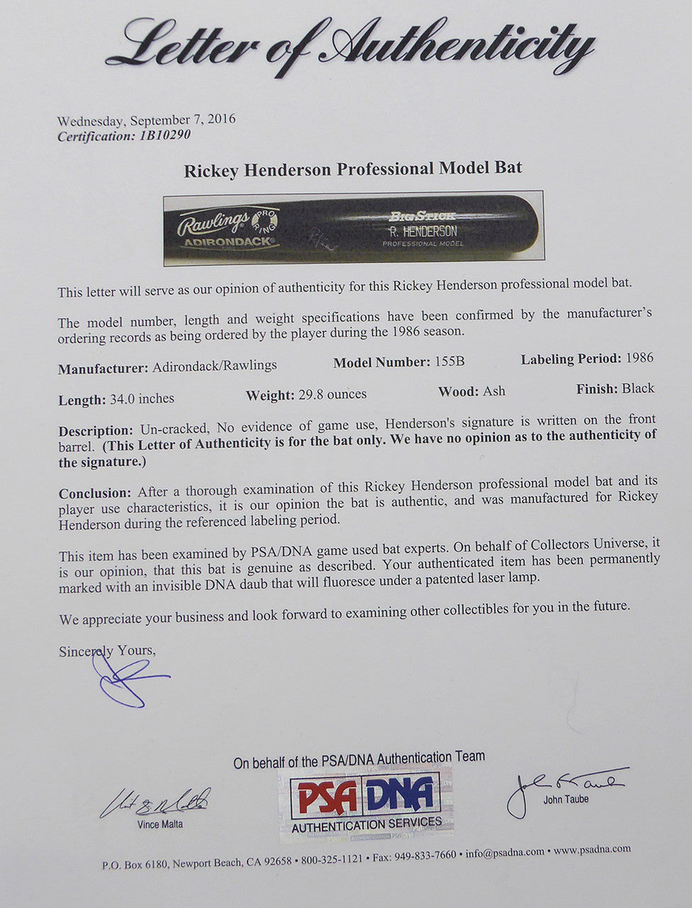 Rickey Henderson Autographed Adirondack Professional Model Bat Oakland Athletics PSA/DNA #1B10290