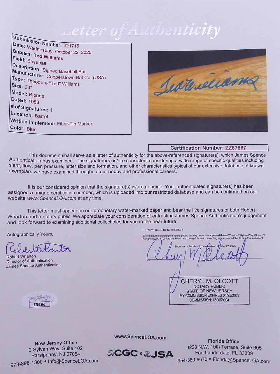 Ted Williams Autographed Cooperstown Bat Boston Red Sox JSA #ZZ67867