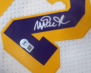 Los Angeles Lakers Magic Johnson Autographed White Mitchell & Ness Jersey (Smudged) Beckett BAS QR #4W062616