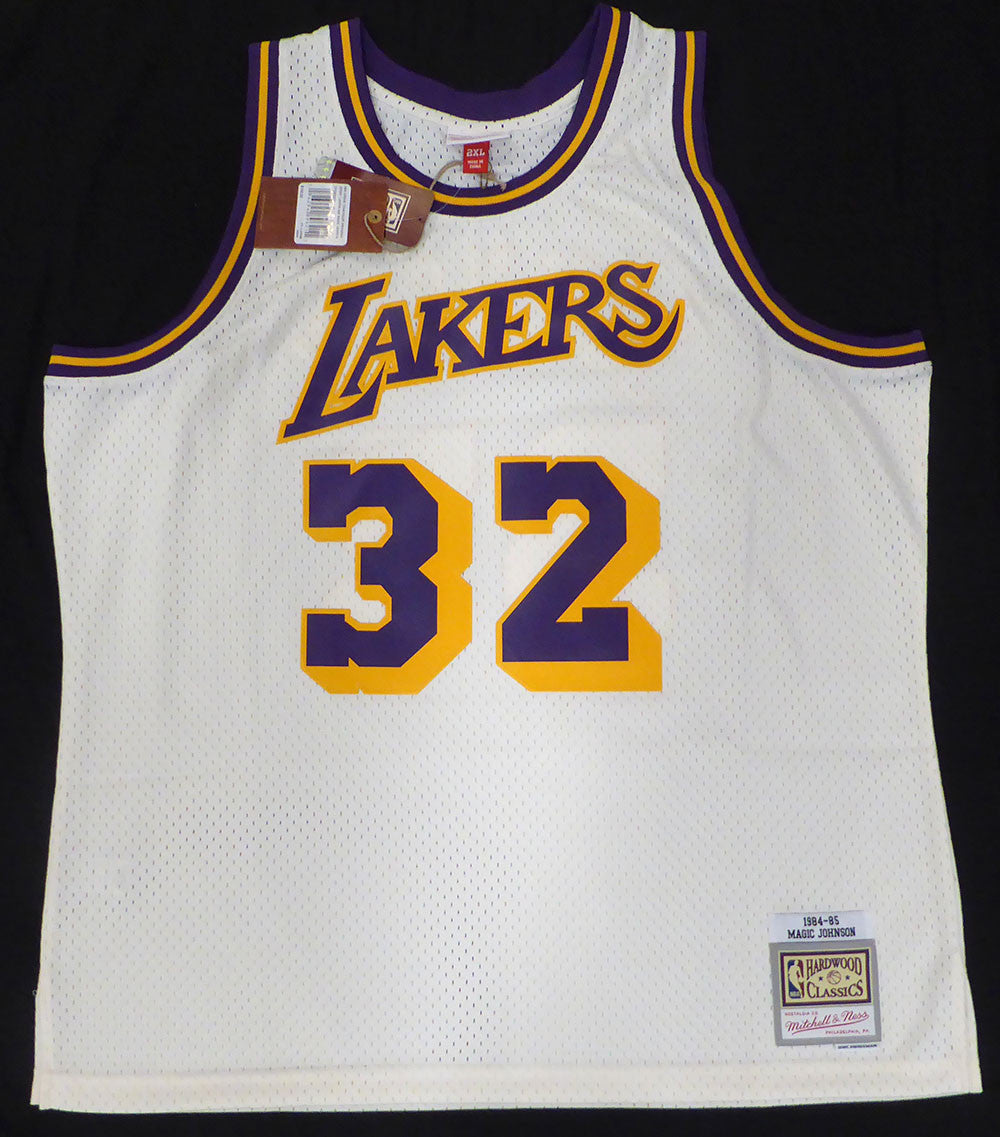 Los Angeles Lakers Magic Johnson Autographed White Mitchell & Ness Jersey (Smudged) Beckett BAS QR #4W062616