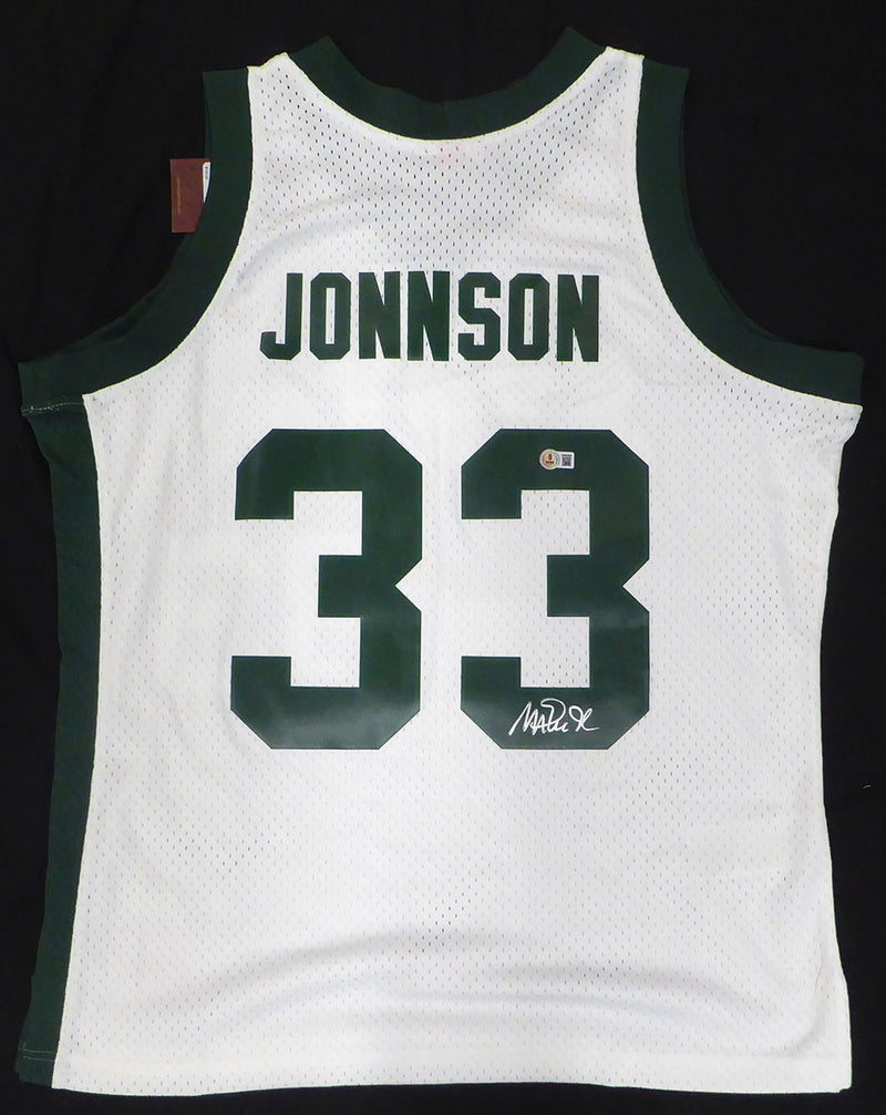 Michigan State Spartans Magic Johnson Autographed White Mitchell & Ness Jersey (Misspelled) Beckett BAS QR #4W062605