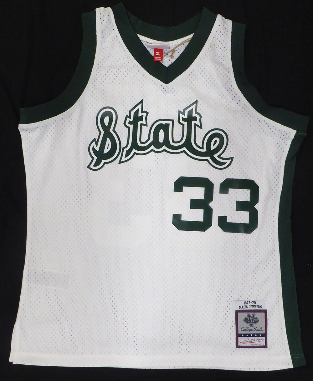 Michigan State Spartans Magic Johnson Autographed White Mitchell & Ness Jersey (Misspelled) Beckett BAS QR #4W062605
