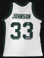 Michigan State Spartans Magic Johnson Autographed White Mitchell & Ness Jersey (Smudged) Beckett BAS QR #4W062587