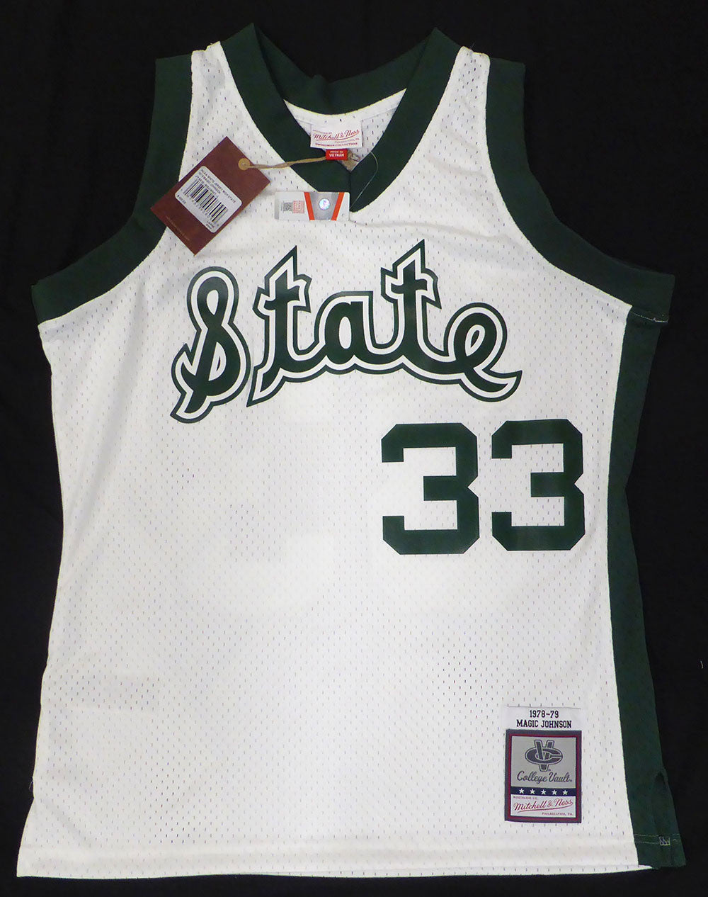 Michigan State Spartans Magic Johnson Autographed White Mitchell & Ness Jersey (Smudged) Beckett BAS QR #4W062587