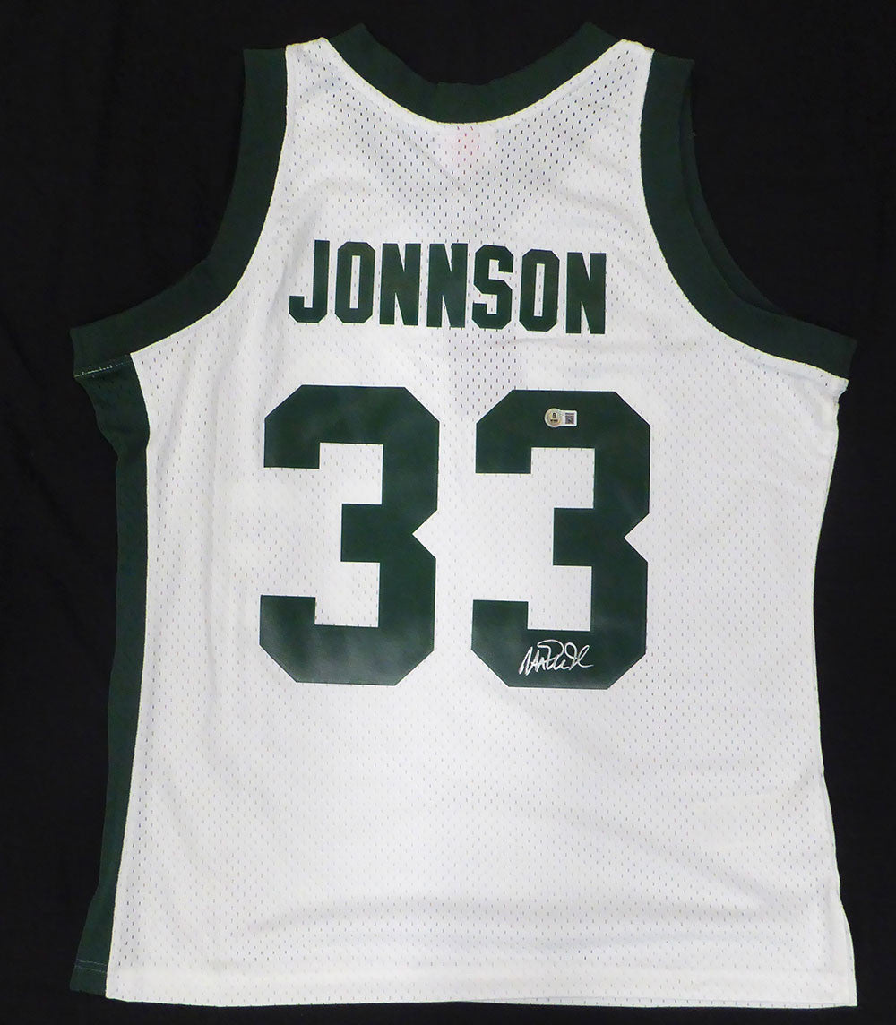 Michigan State Spartans Magic Johnson Autographed White Mitchell & Ness Jersey (Misspelled) Beckett BAS QR #4W062607
