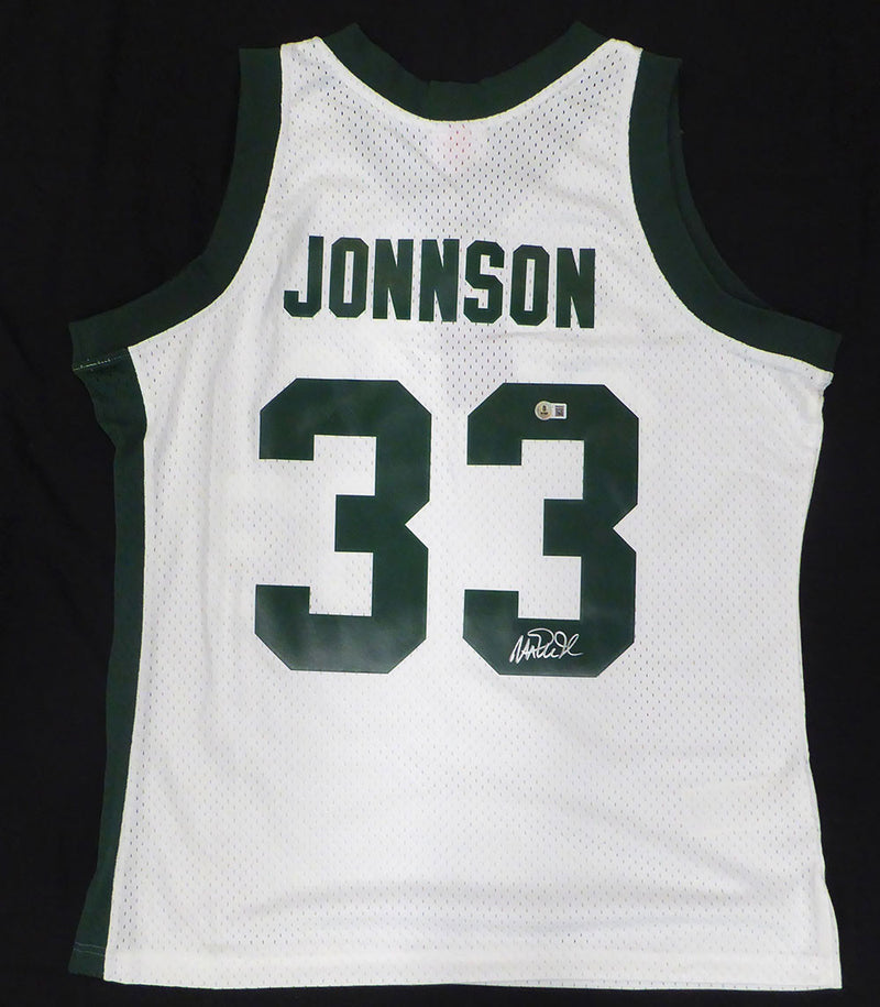 Michigan State Spartans Magic Johnson Autographed White Mitchell & Ness Jersey (Misspelled) Beckett BAS QR #4W062607