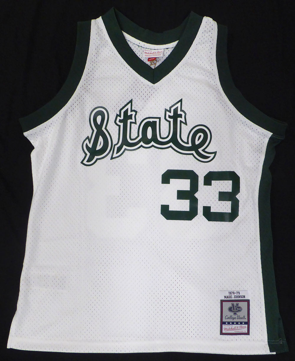 Michigan State Spartans Magic Johnson Autographed White Mitchell & Ness Jersey (Misspelled) Beckett BAS QR #4W062607