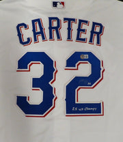 Texas Rangers Evan Carter Autographed White Nike Jersey "23 WS Champs" Beckett BAS QR #1W039286