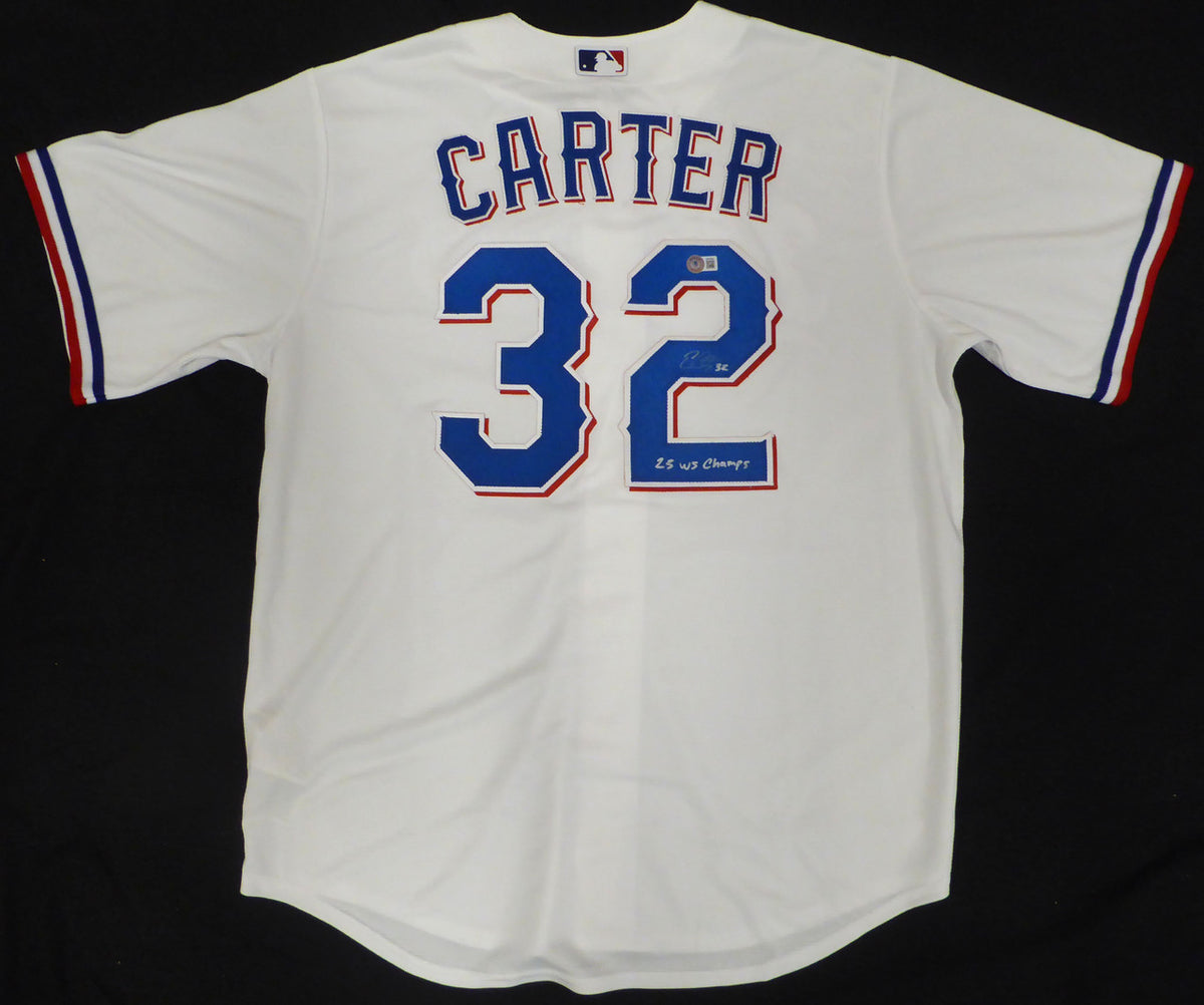 Texas Rangers Evan Carter Autographed White Nike Jersey "23 WS Champs" Beckett BAS QR #1W039286