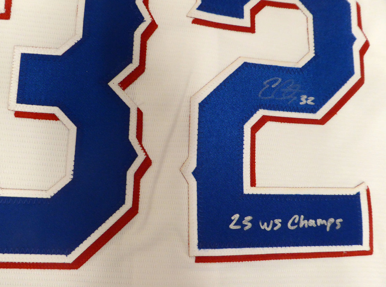 Texas Rangers Evan Carter Autographed White Nike Jersey "23 WS Champs" Beckett BAS QR #1W039286