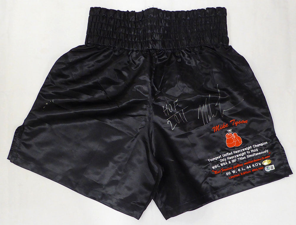 Mike Tyson Autographed Black Trunks "HOF 2011" Beckett BAS QR #BU86956