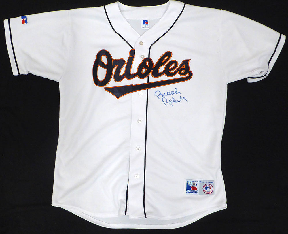 Baltimore Orioles Brooks Robinson Autographed White Russell Jersey Beckett BAS QR #BU86720