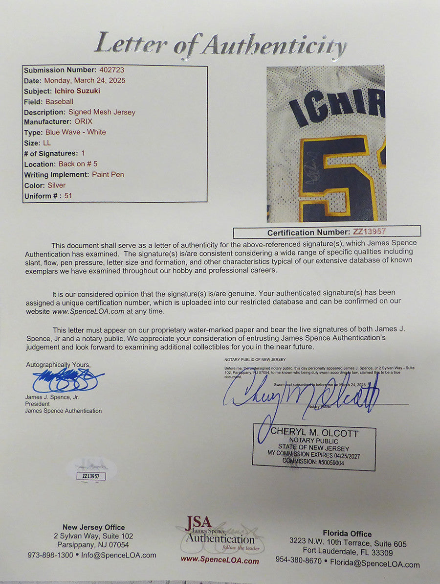 Orix Blue Wave Ichiro Suzuki Autographed White Kooy Jersey JSA #ZZ13957