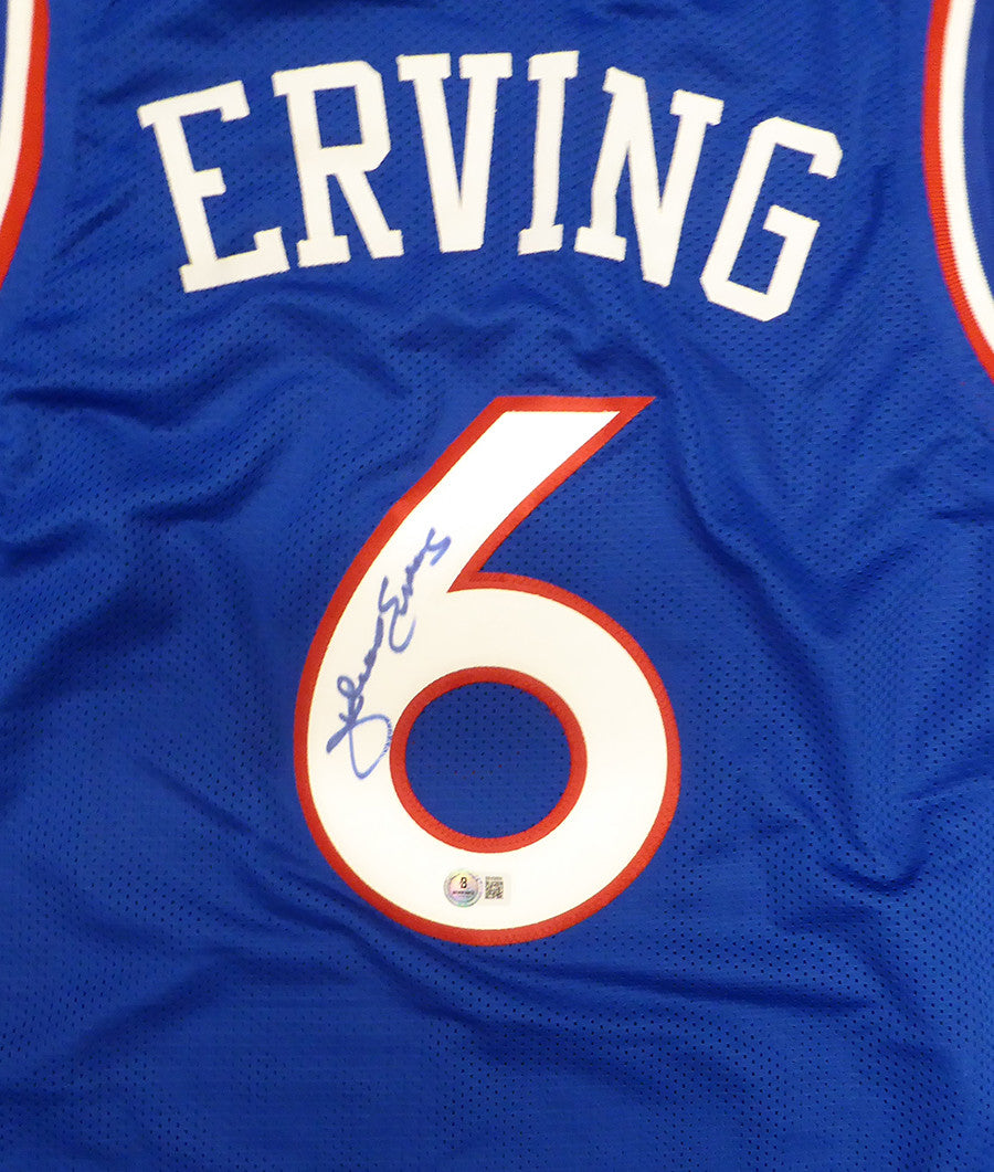 Philadelphia 76ers Julius Erving Autographed Blue Jersey Beckett BAS QR #BR49884