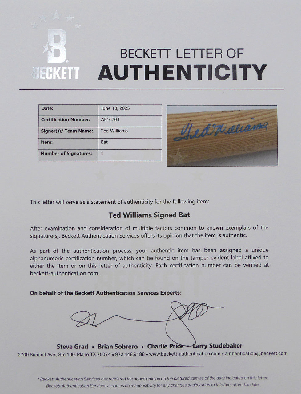 Ted Williams Autographed Louisville Slugger The Kid Bat Boston Red Sox Beckett BAS #AE16703