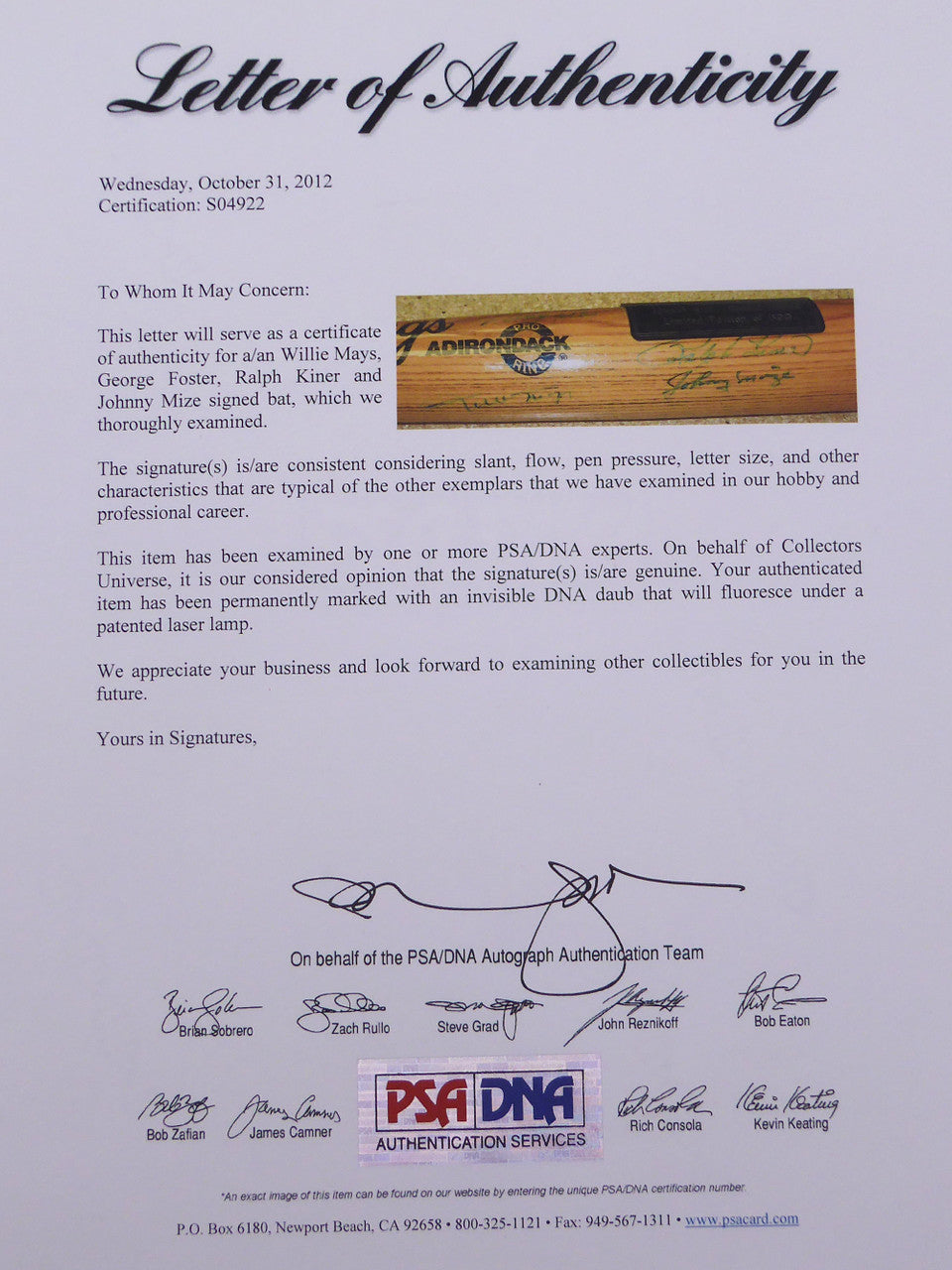 50 HR Club Autographed Rawlings Bat 4 Signatures 4 Signatures Including Willie Mays PSA/DNA #S04922